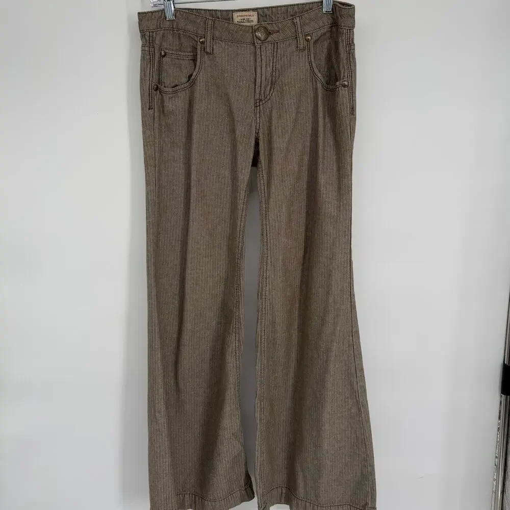 Free‎ People Pants Women’s 29 Brown Ultra Wide Leg Herringbone Bohemian Hippie